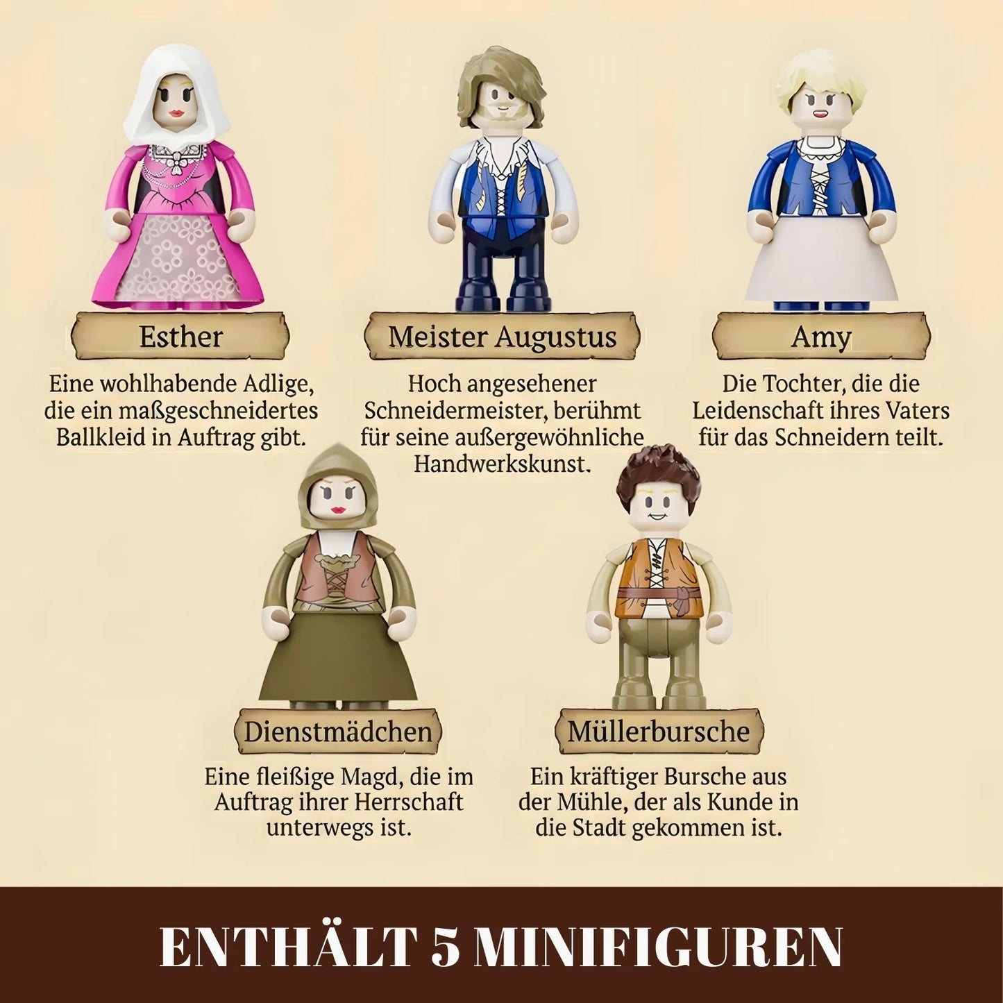 Die fünf Minifiguren des Funwhole F9038 Klemmbaustein-Sets: Schneider, Adelige und Handwerker im Detail.