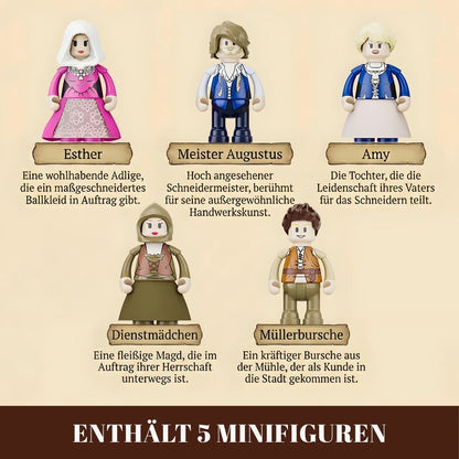 Die fünf Minifiguren des Funwhole F9038 Klemmbaustein-Sets: Schneider, Adelige und Handwerker im Detail.
