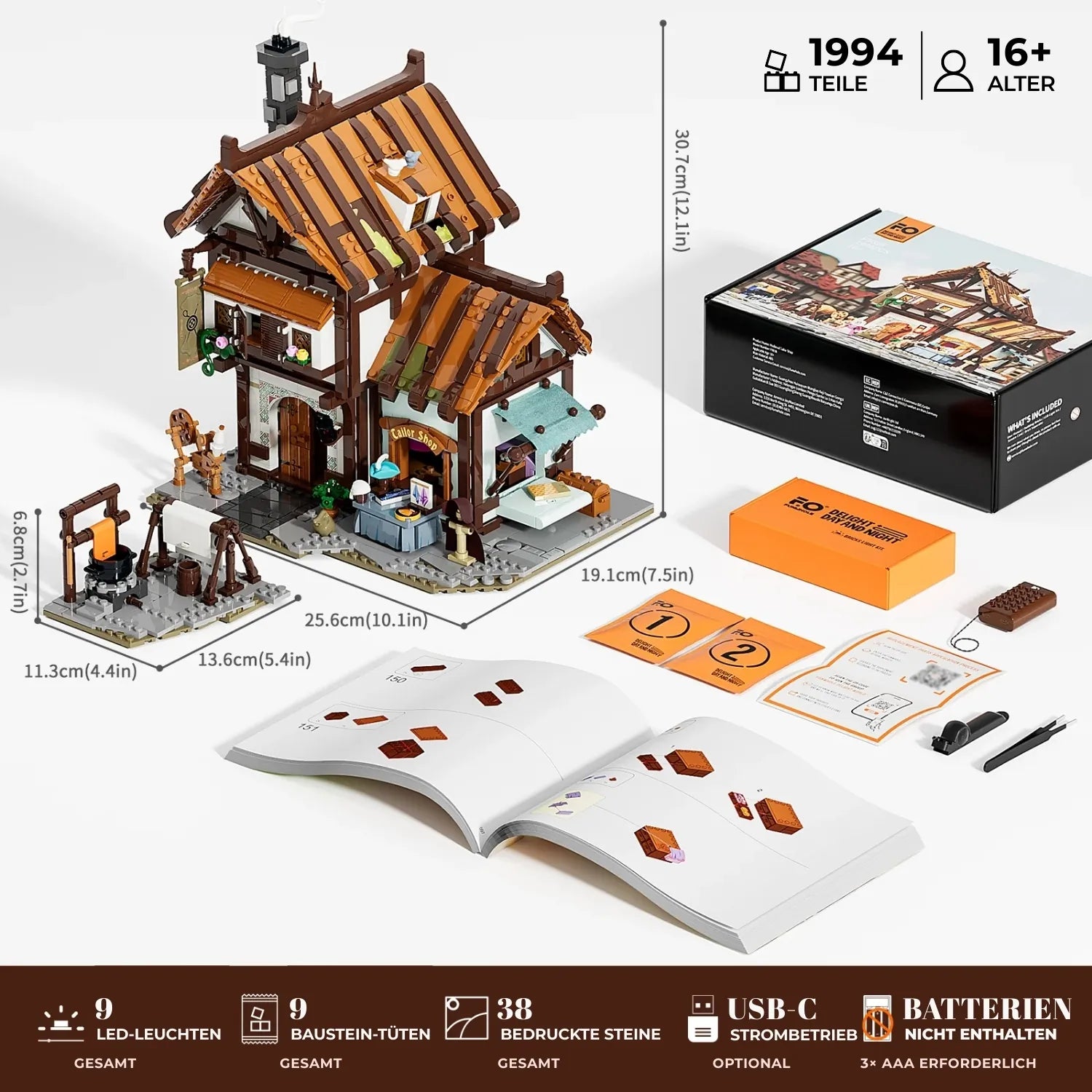 Lieferumfang des Funwhole F9038 Klemmbaustein-Sets mit 1994 Teilen, Maßen (31x26cm) und LED-Beleuchtungs-Kit.