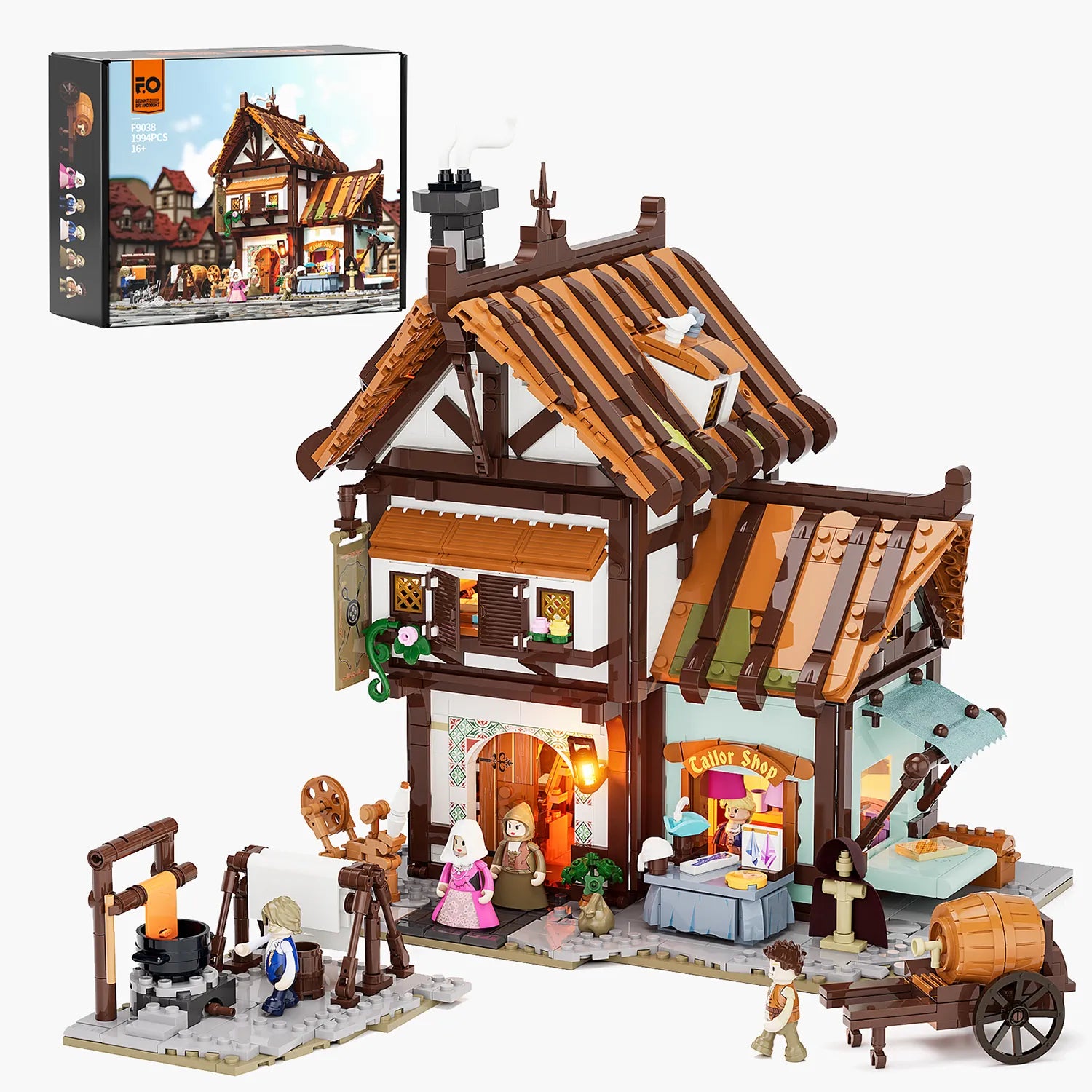 Funwhole F9038 Medieval Tailor Shop Klemmbaustein-Set mit 1994 Teilen, Figuren, Zubehör und Originalverpackung.