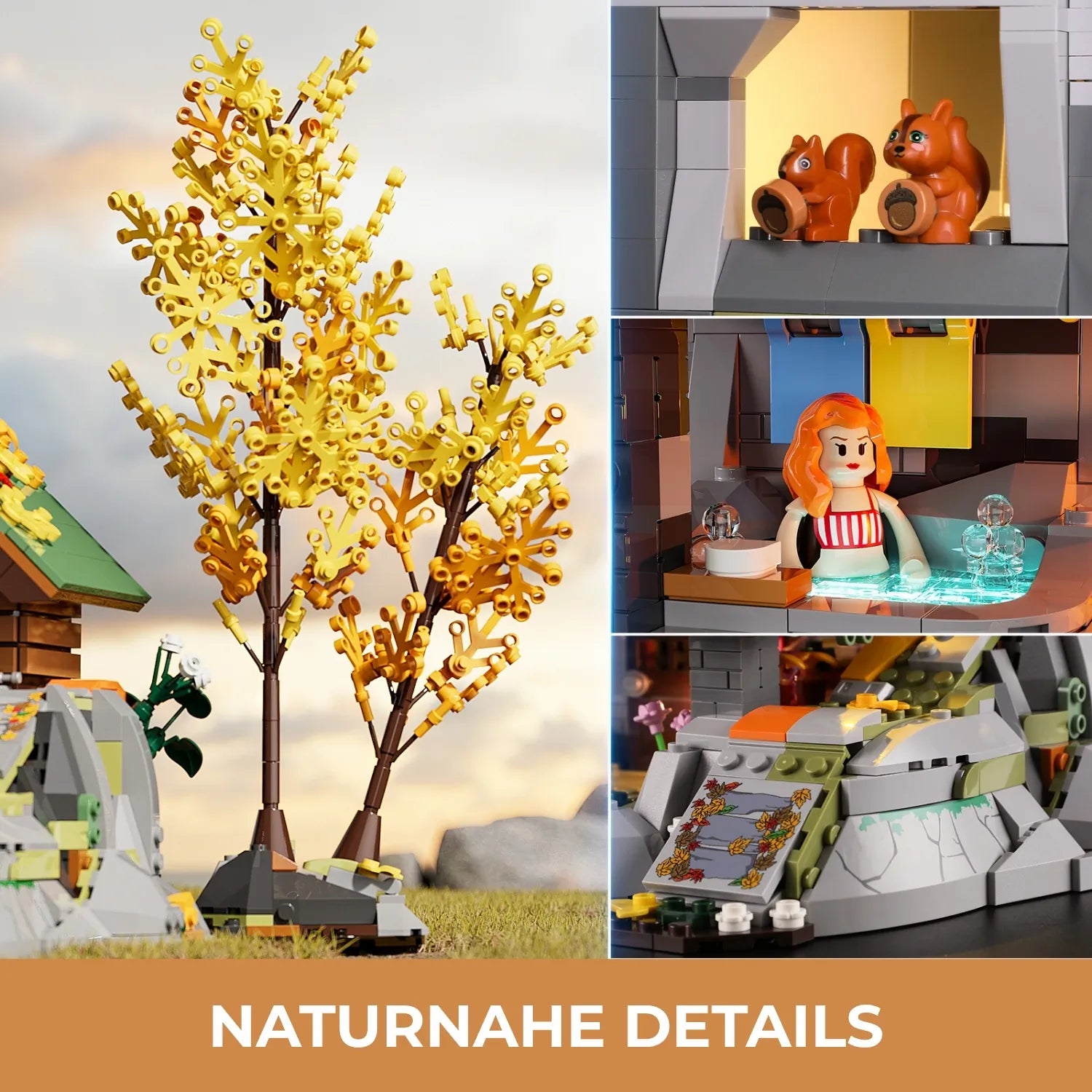 Funwhole F9035 Mountain Cabin Klemmbausteine Set – naturgetreue Details mit Bäumen, Tieren und Felslandschaft