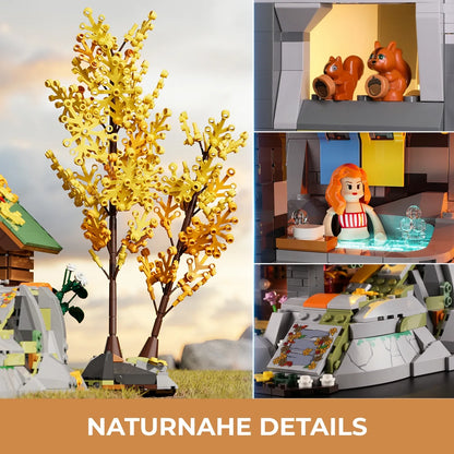 Funwhole F9035 Mountain Cabin Klemmbausteine Set – naturgetreue Details mit Bäumen, Tieren und Felslandschaft