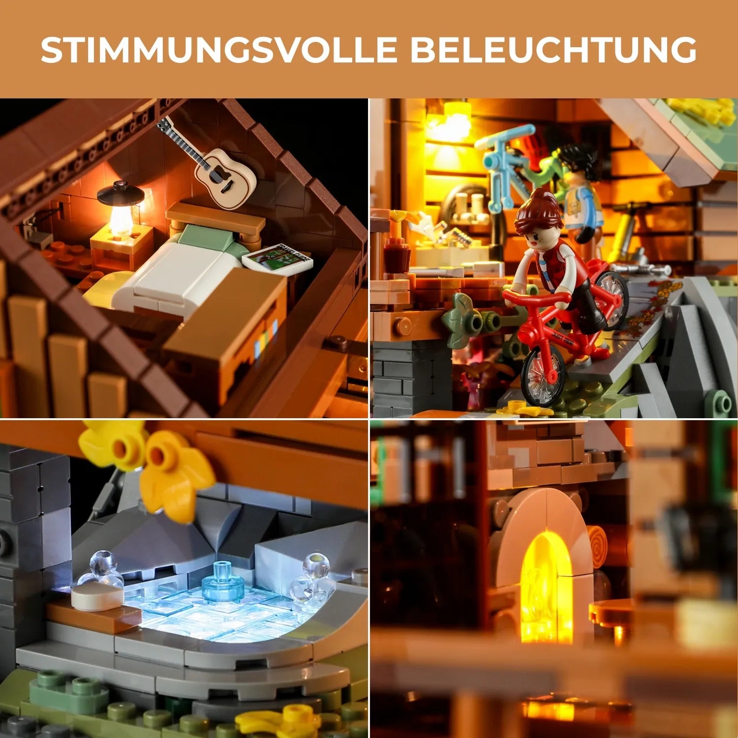Funwhole F9035 Mountain Cabin Klemmbausteine Set – stimmungsvolle Beleuchtung im Innenraum mit Kamin, Laterne und Whirlpool