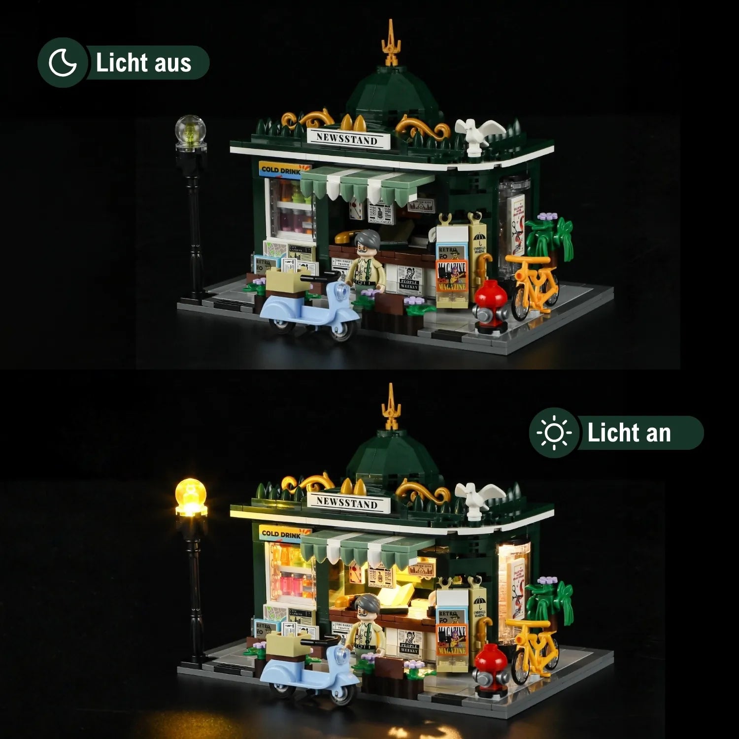 Vergleich des Funwhole Klemmbaustein-Sets Newsstand mit und ohne aktives LED-Licht-Kit für realistische Nachtoptik.