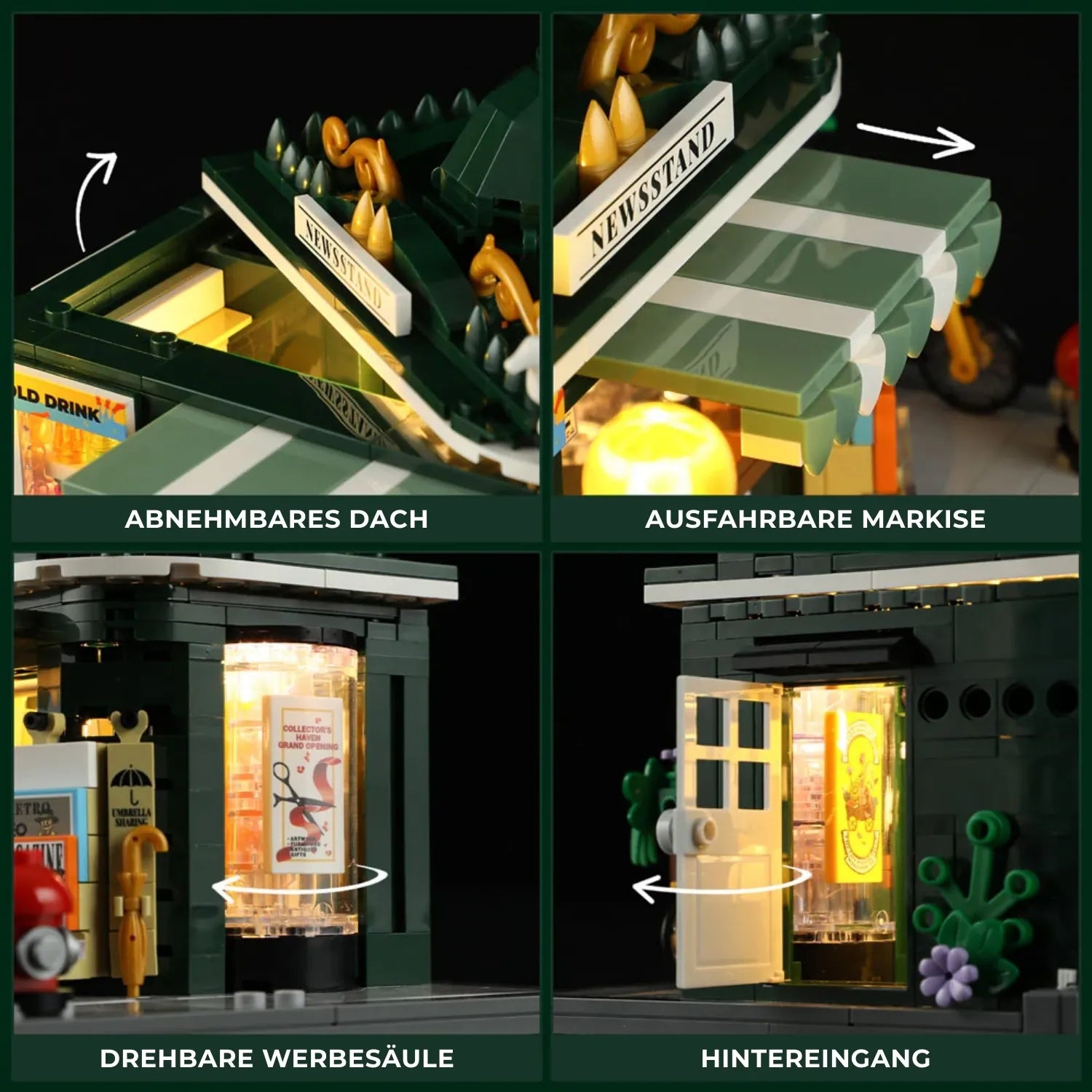 Funktionen des Funwhole Kiosk Klemmbaustein-Sets: abnehmbares Dach, ausfahrbare Markise und drehbare Werbesäule.