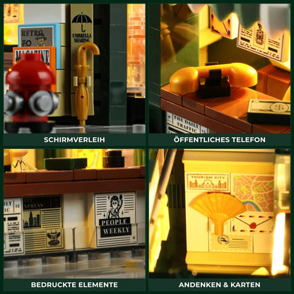 Detailreiches Zubehör im Funwhole Klemmbaustein-Set: Schirmverleih, Retro-Telefon, bedruckte Zeitungen und Landkarten.