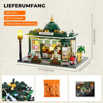 Lieferumfang des Funwhole Newsstand Klemmbaustein-Sets: 556 Teile, Maße, LED-Lichtset und gebundene Anleitung.