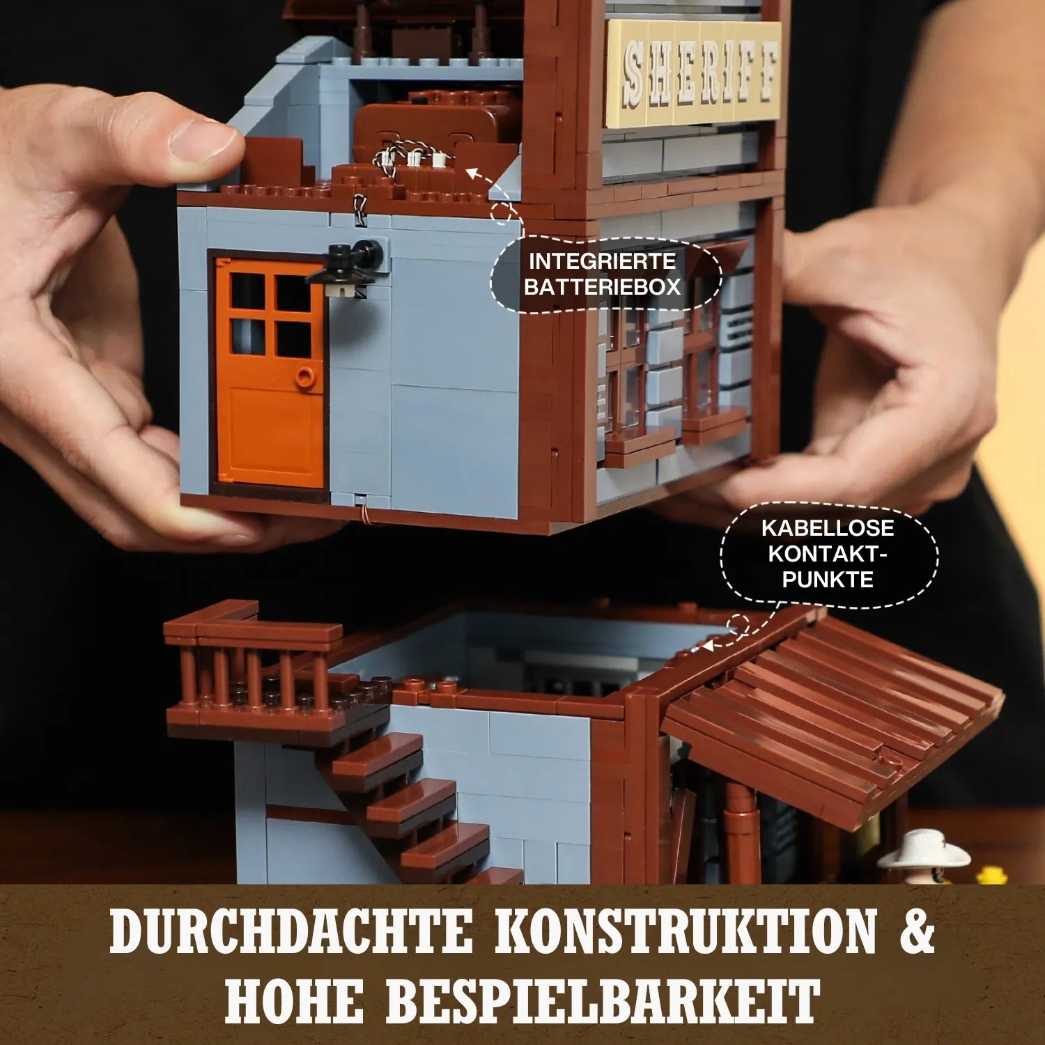 Modularer Aufbau des Funwhole Klemmbaustein-Sets mit integrierter Batteriebox im Dachgeschoss.