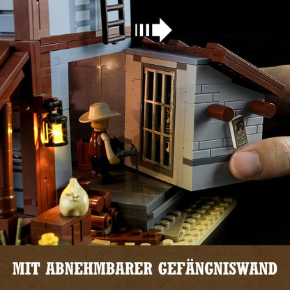 Funktionales Sheriff's Office Klemmbaustein-Set mit abnehmbarer Gefängniswand für Ausbruchs-Szenen.