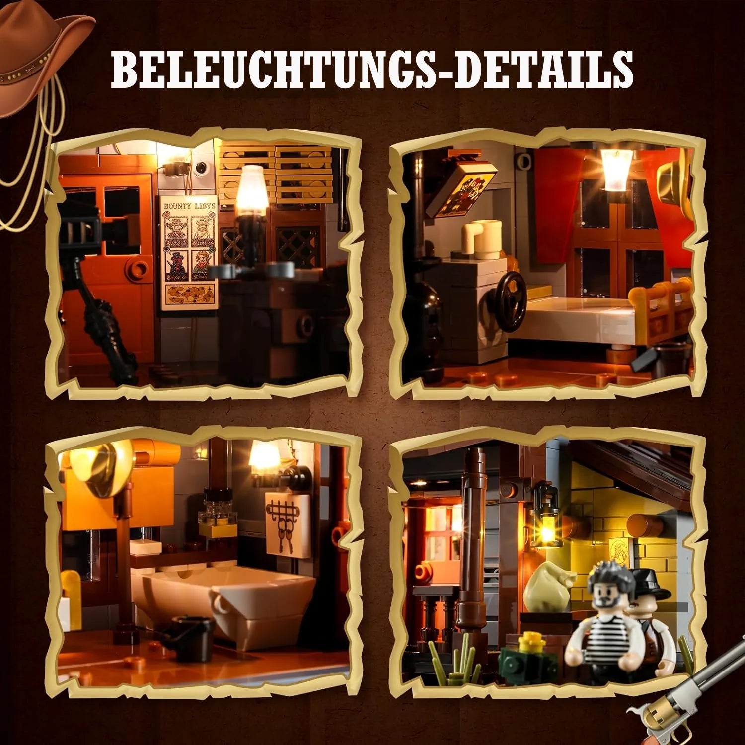 Interieur-Details des Sheriff's Office Sets: Beleuchtete Wanted-Poster, Lampen und Gefängniszelle.