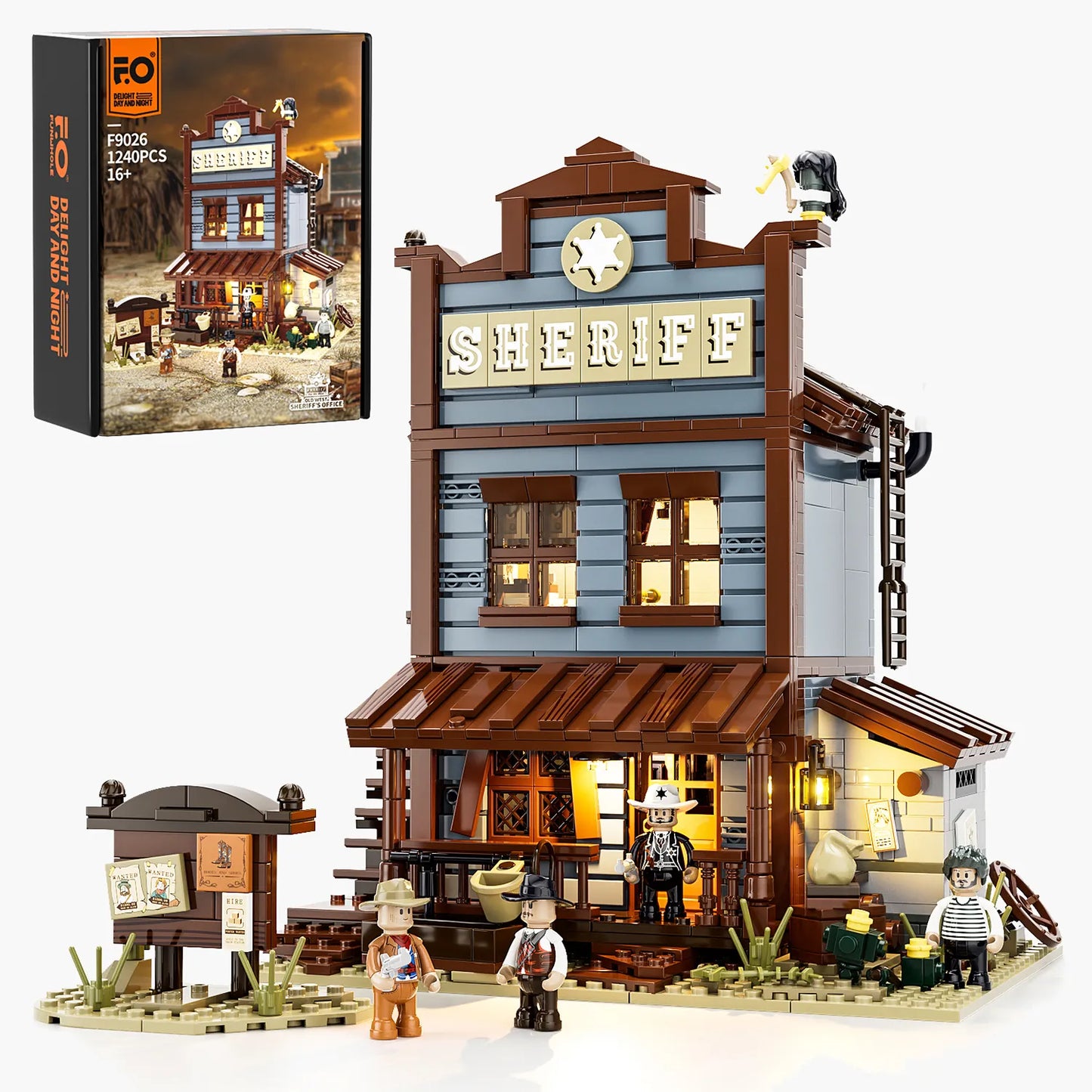 Funwhole Sheriff's Office Klemmbaustein-Set F9026 mit 1240 Teilen, 4 Minifiguren und Beleuchtung.