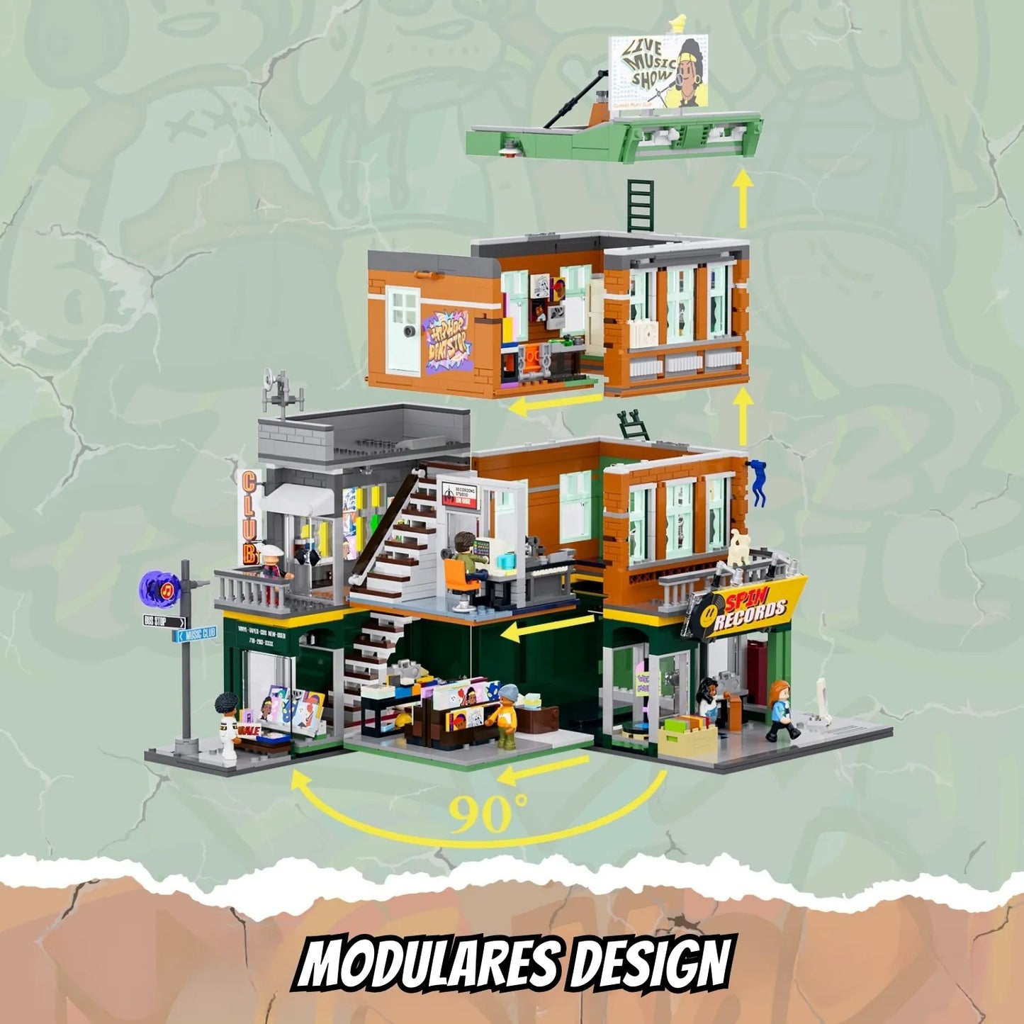 Modulares Klemmbaustein-Set Funwhole Record Store mit abnehmbaren Etagen, aufklappbarem Design und Innenräumen.