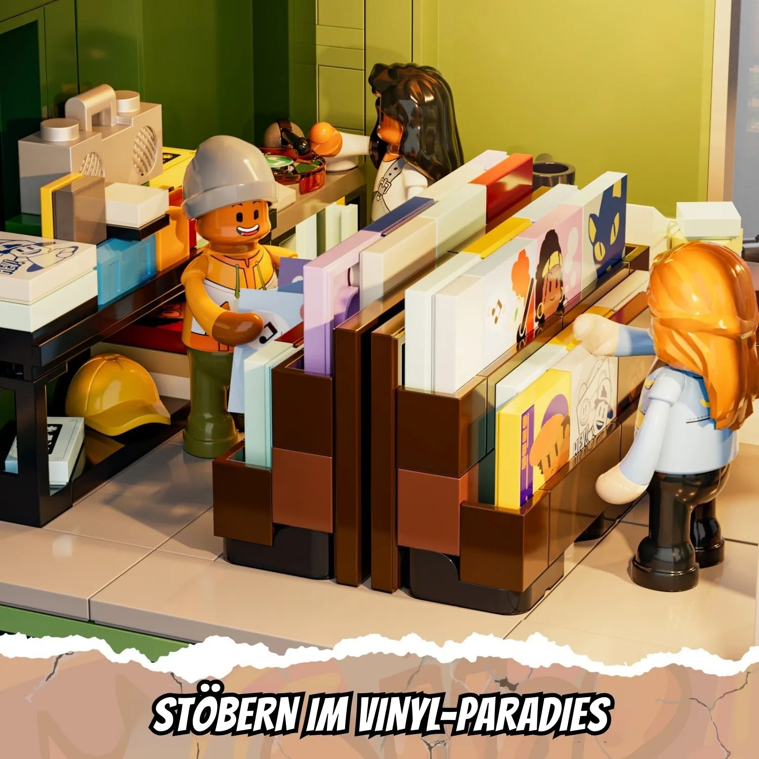 Funwhole Record Store Klemmbaustein-Set Innenansicht mit Minifiguren, die im Plattenladen am Vinyl-Regal stöbern.