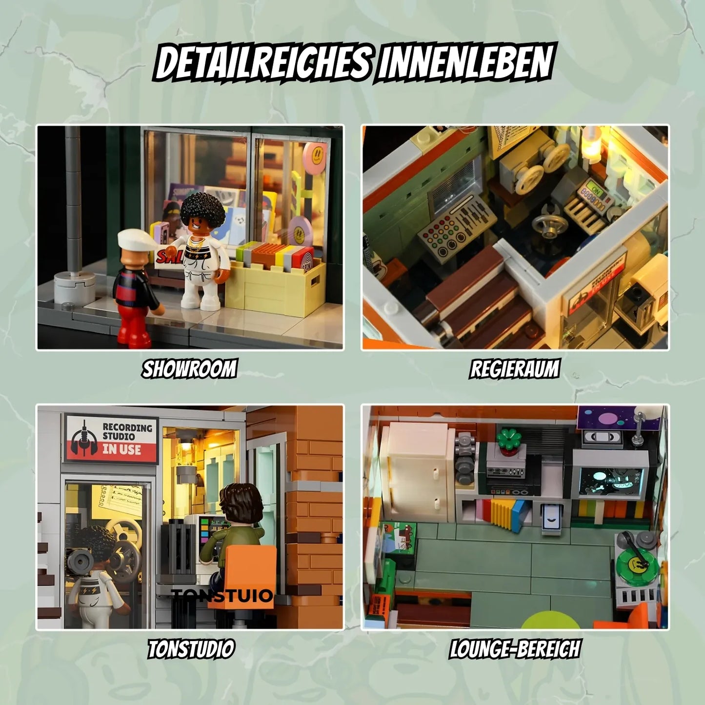 Detailansichten des Funwhole Klemmbaustein-Sets: Showroom, Regieraum, Tonstudio und Lounge mit viel Zubehör.