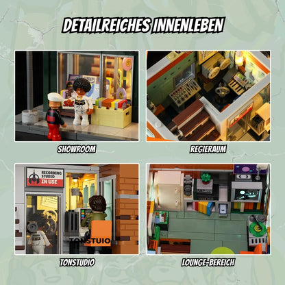 Detailansichten des Funwhole Klemmbaustein-Sets: Showroom, Regieraum, Tonstudio und Lounge mit viel Zubehör.