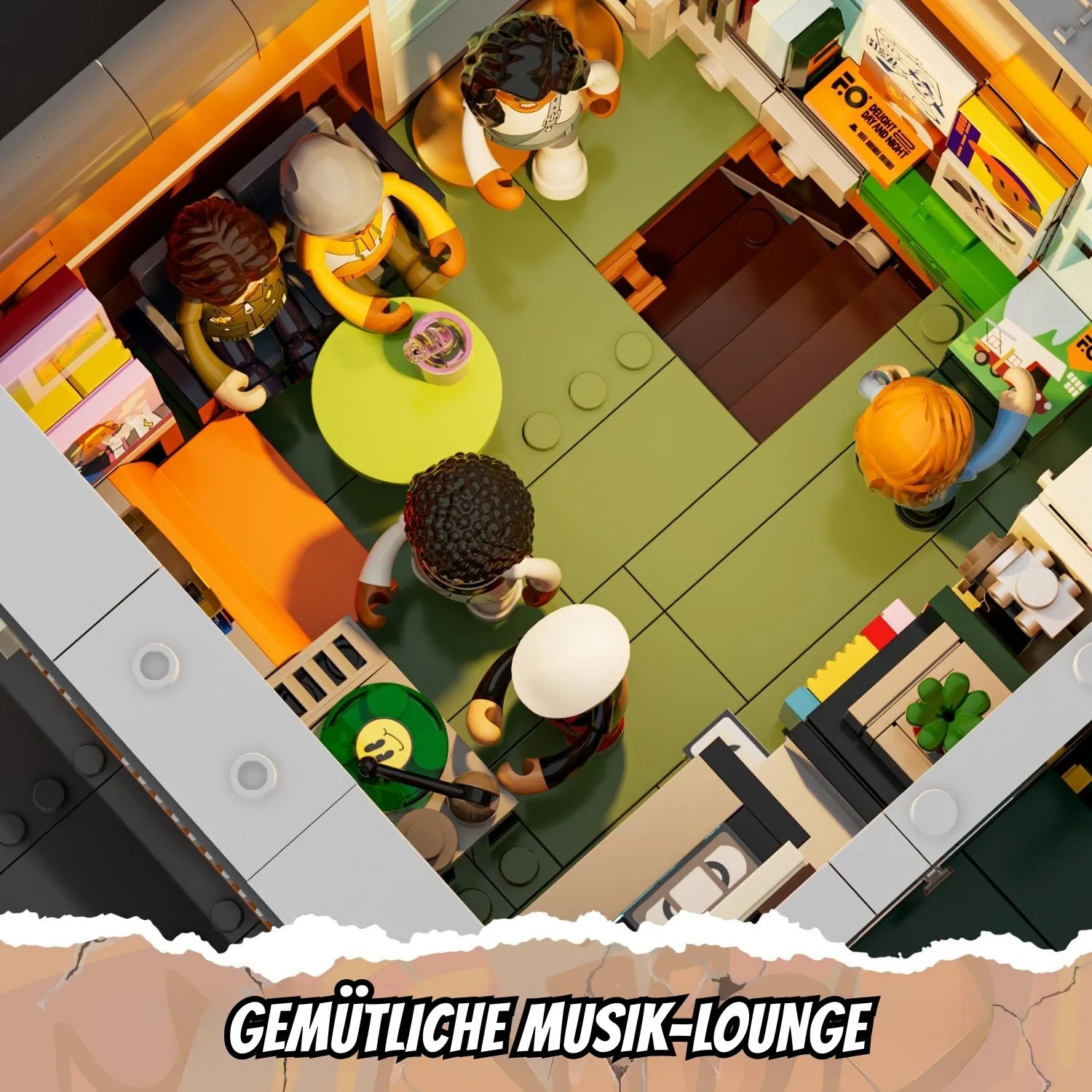 Draufsicht auf die Musik-Lounge im Funwhole Record Store Klemmbaustein-Set mit Minifiguren und Plattenspieler.
