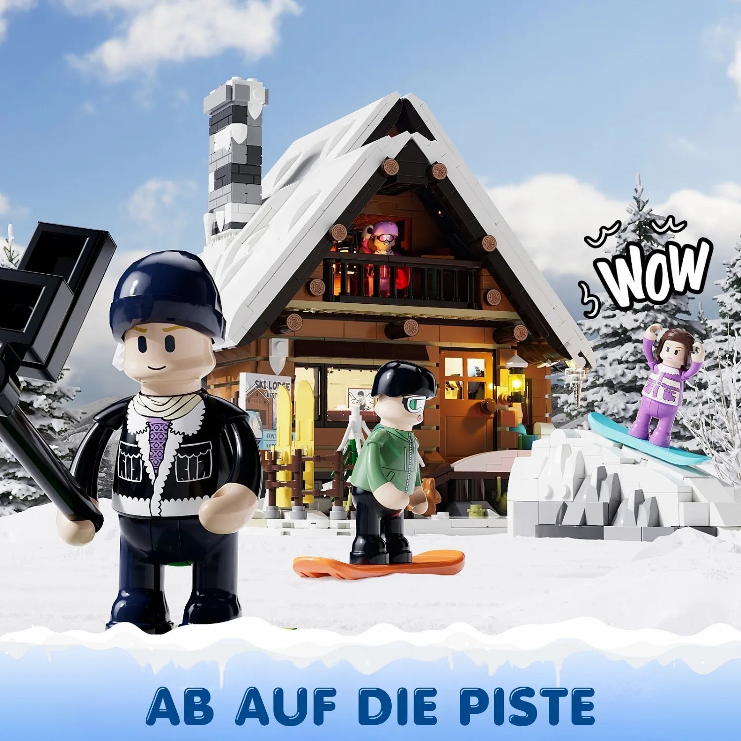 Funwhole F9041 Ski Lodge Klemmbausteine Set – Winterhütte mit Figuren beim Skifahren und Snowboarden