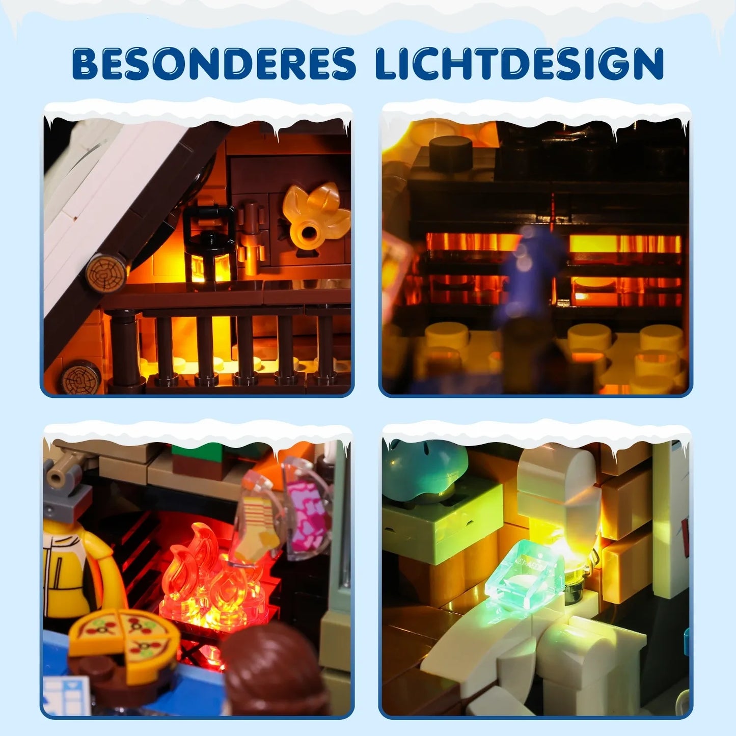 Funwhole F9041 Ski Lodge Klemmbausteine Set – LED-Lichtdesign mit Kamin, Laternen und Innenbeleuchtung