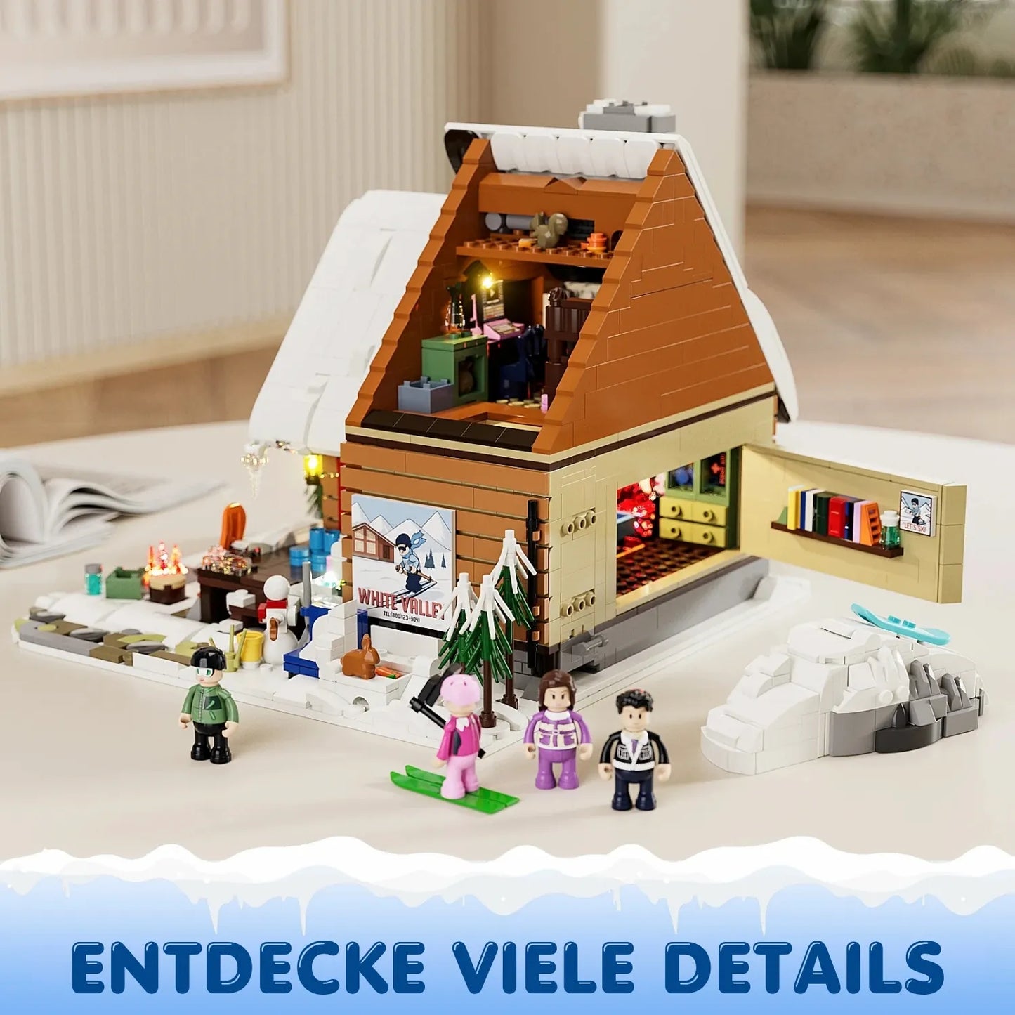 Funwhole F9041 Ski Lodge Klemmbausteine Set – aufgeklappte Skihütte mit Innenausstattung und Figuren