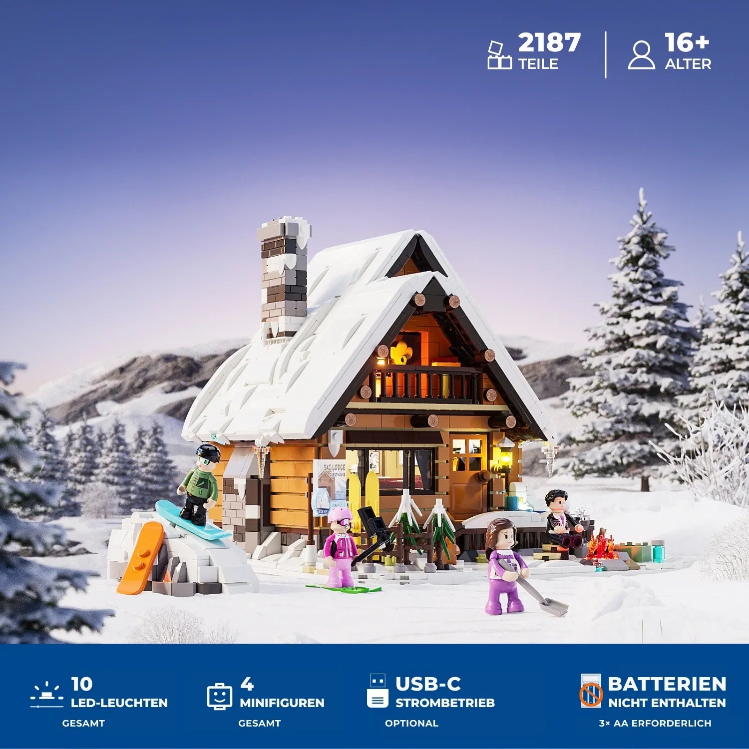 Funwhole F9041 Ski Lodge Klemmbausteine Set – Übersicht mit 2187 Teilen, 10 LED-Leuchten, 4 Minifiguren und USB-C-Strombetrieb