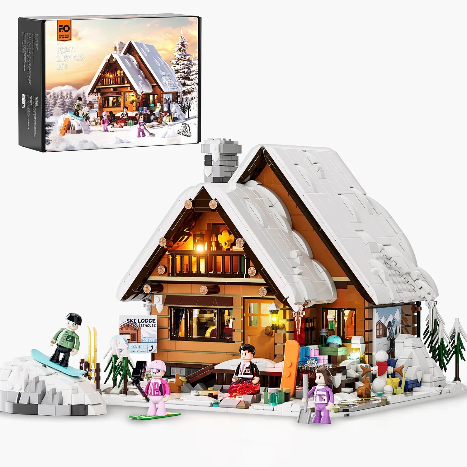 Funwhole F9041 Ski Lodge Klemmbausteine Set – Skihütte mit LED-Beleuchtung