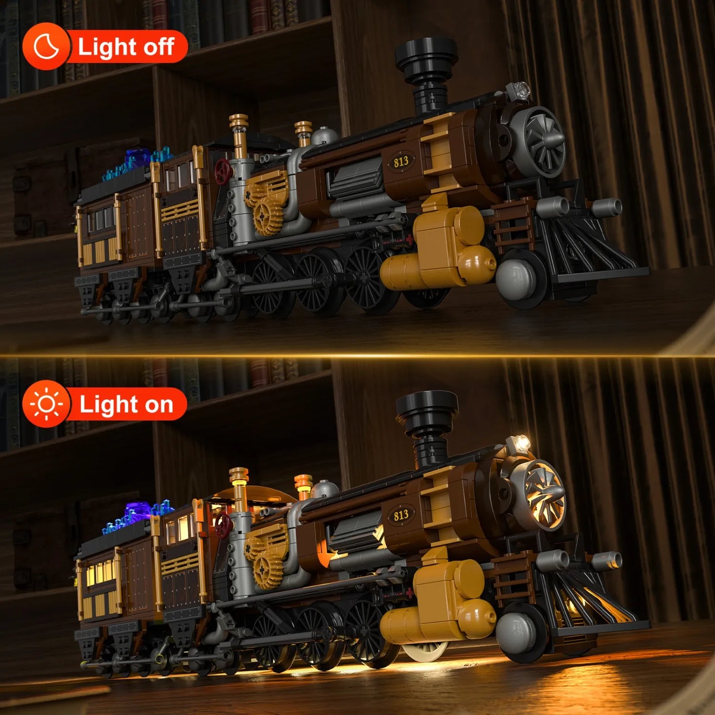 Vergleichsbild Funwhole Steampunk Lokomotive Klemmbaustein-Set: Zeigt Modell unbeleuchtet versus mit aktiviertem LED-Lichtset.