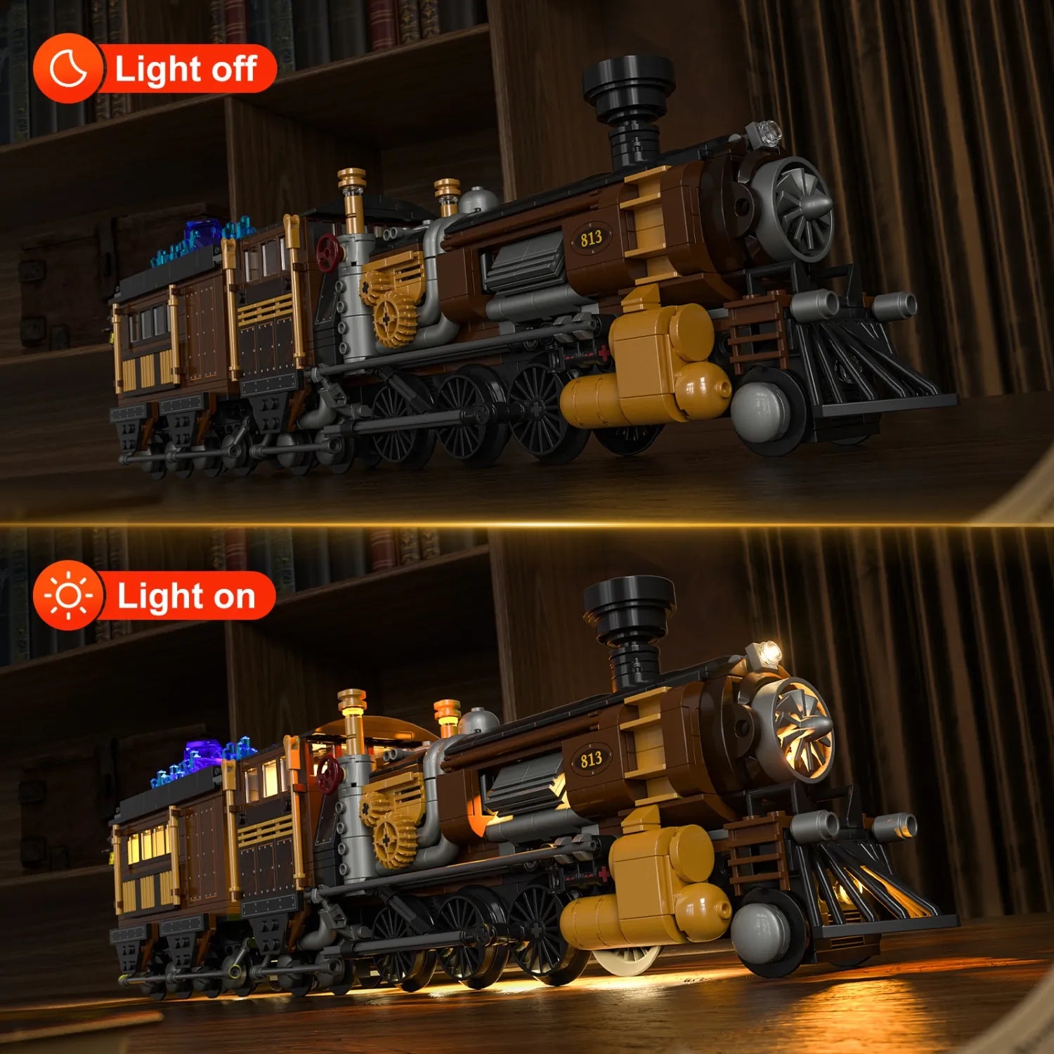 Vergleichsbild Funwhole Steampunk Lokomotive Klemmbaustein-Set: Zeigt Modell unbeleuchtet versus mit aktiviertem LED-Lichtset.