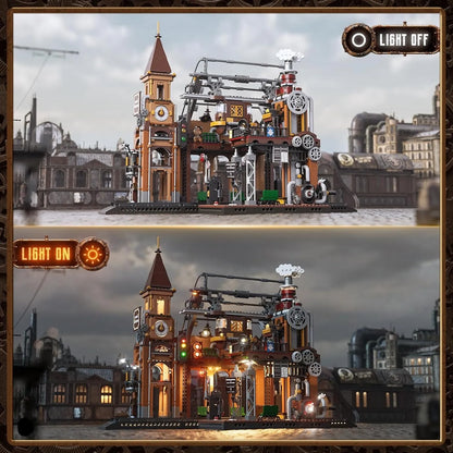 Funwhole Steampunk Train Station Klemmbaustein-Set Vergleichsbild mit und ohne aktive LED-Beleuchtung.