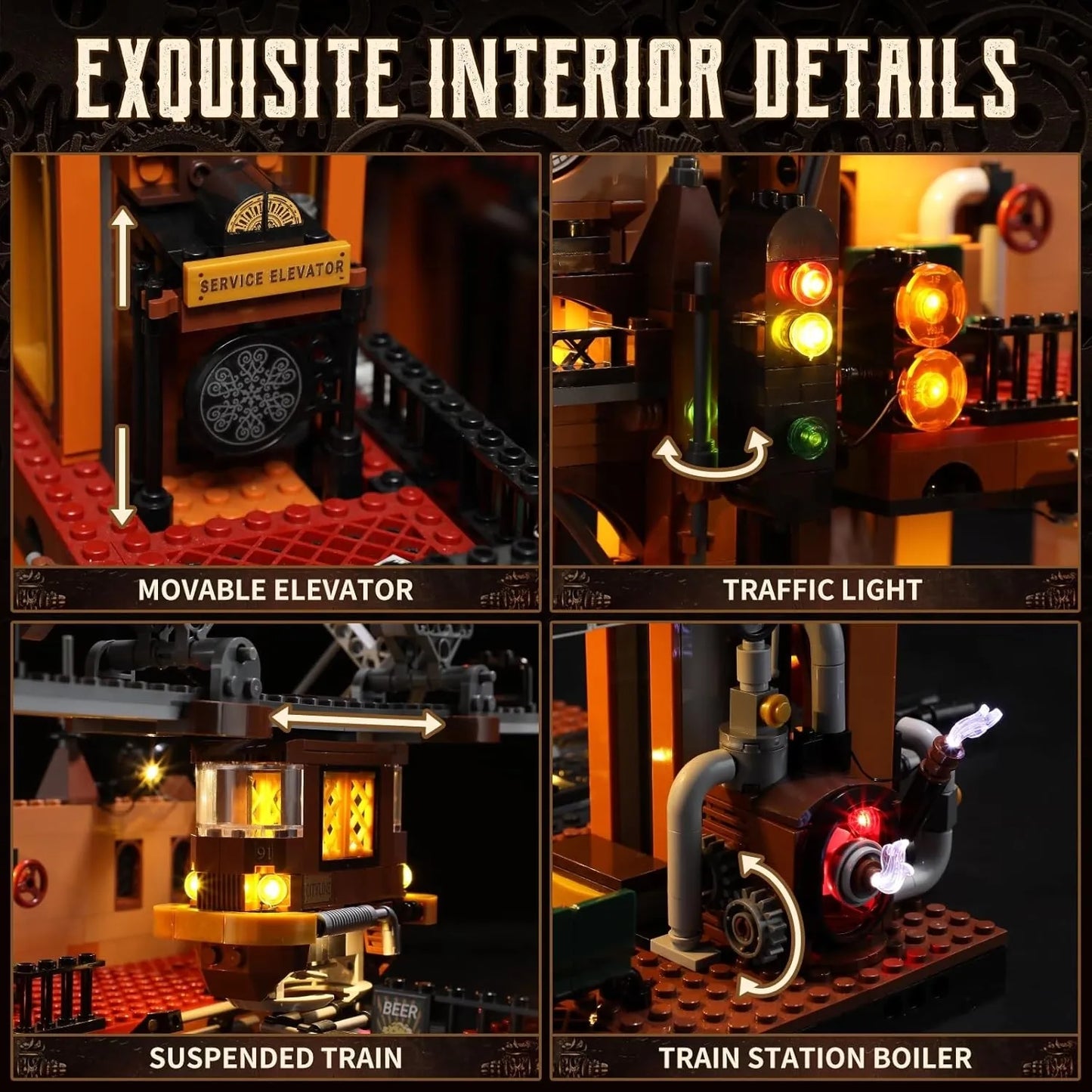 Funwhole Steampunk Bahnhof Klemmbaustein-Set mechanische Funktionen: Aufzug, Schwebebahn und Kessel.