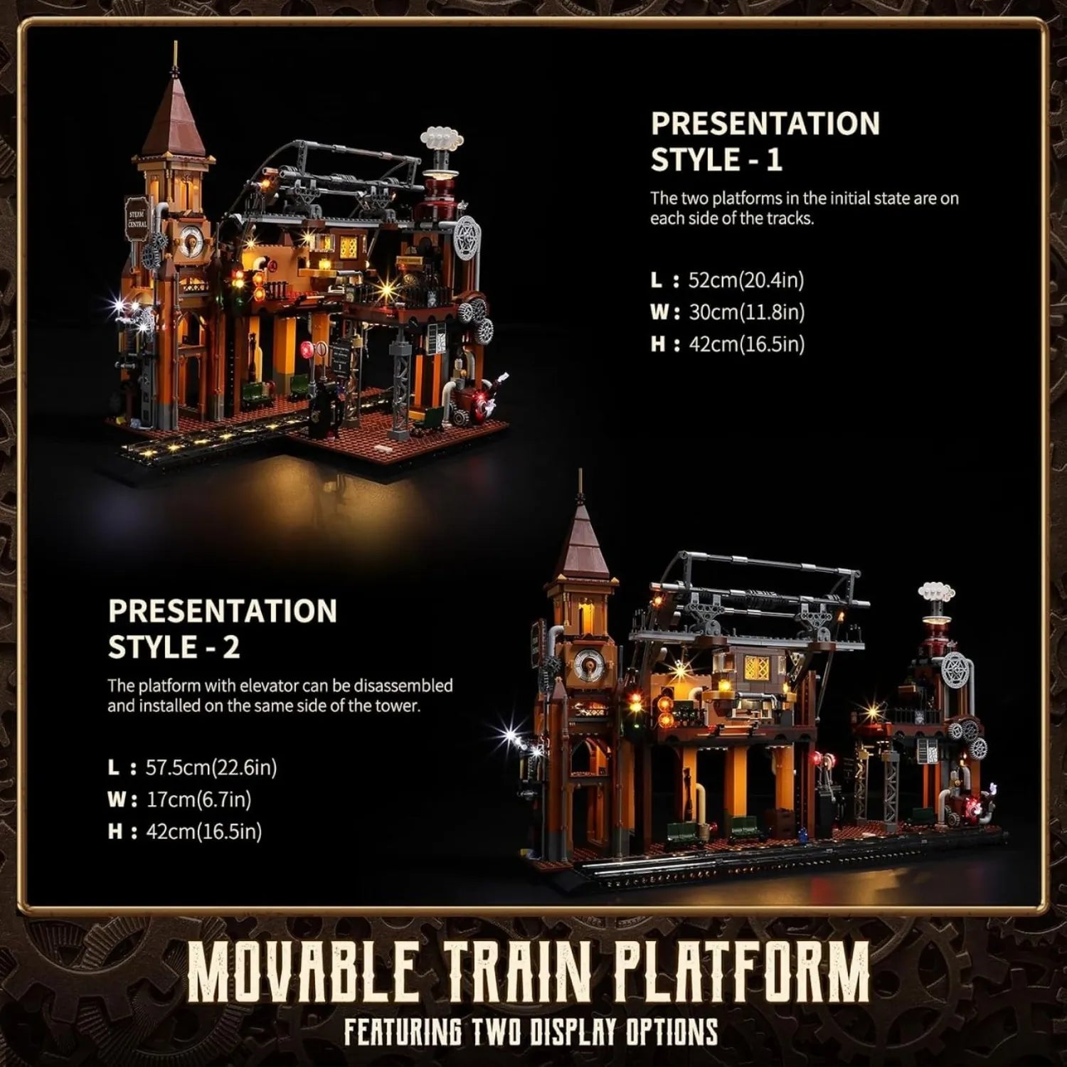 Funwhole Steampunk Bahnhof Klemmbaustein-Set mit variabler Plattform-Anordnung und Modell-Maßen.