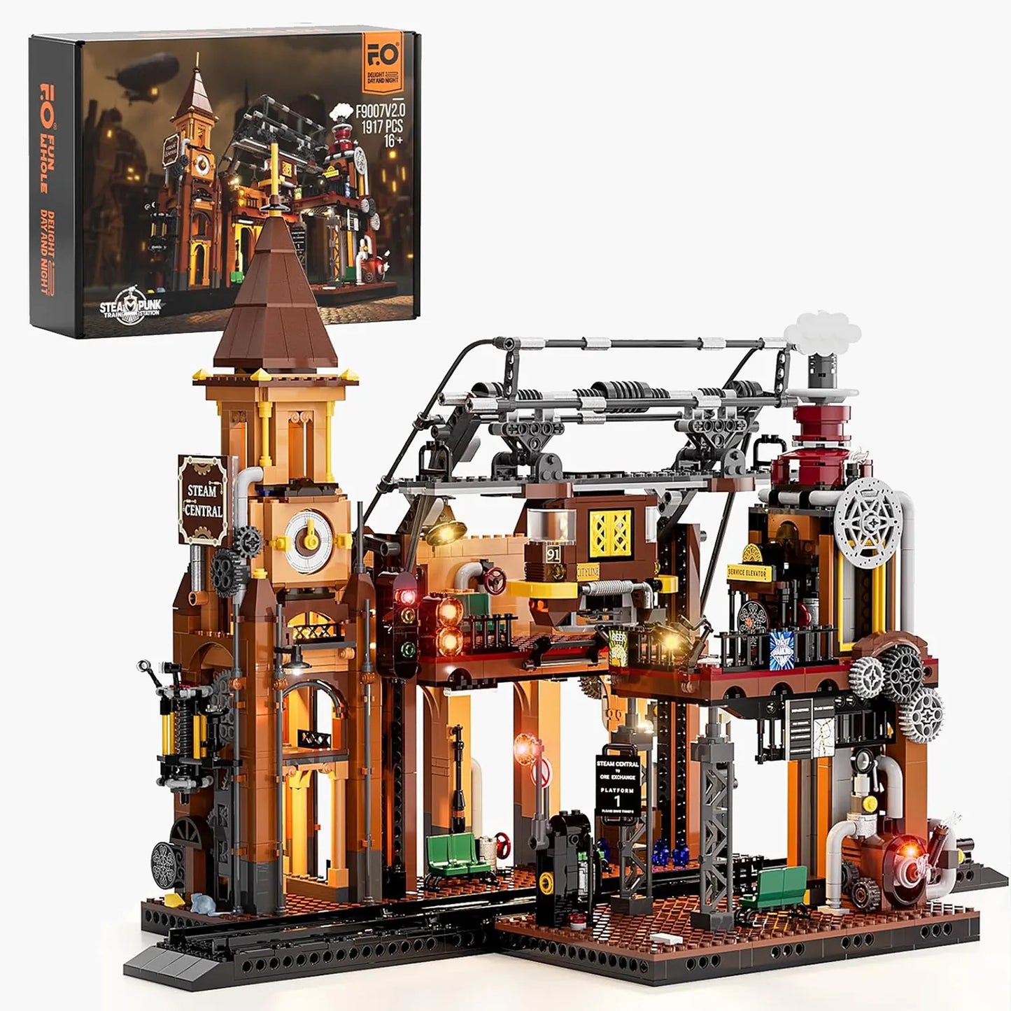 Funwhole F9007 Steampunk Bahnhof Klemmbaustein-Set mit Originalverpackung.
