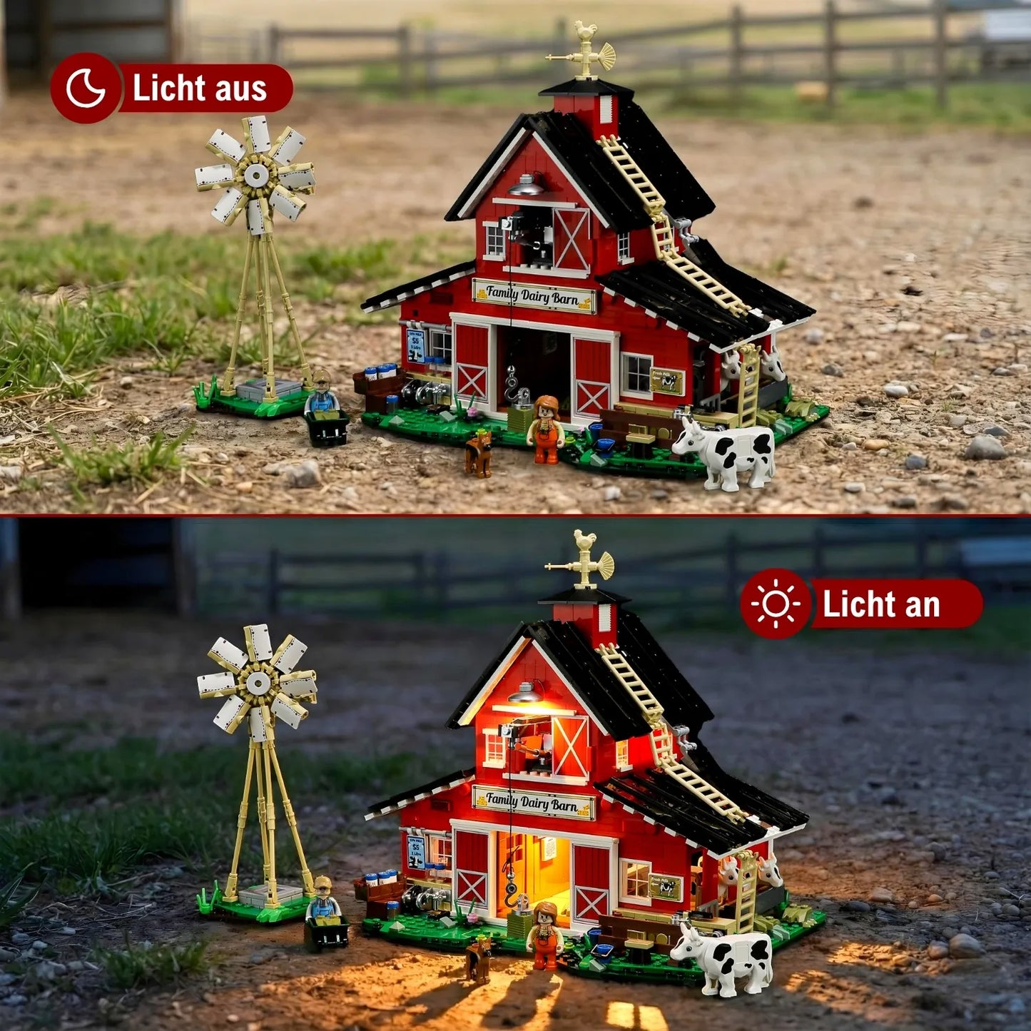 Funwhole Cow Barn Farm Klemmbaustein-Set mit integrierter LED-Beleuchtung im Tag-Nacht-Vergleich.
