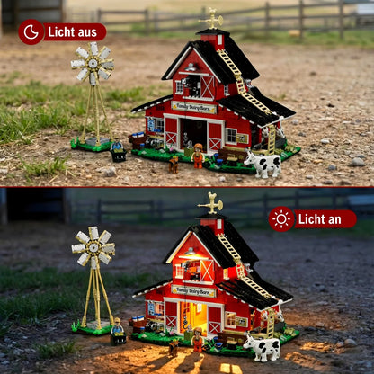 Funwhole Cow Barn Farm Klemmbaustein-Set mit integrierter LED-Beleuchtung im Tag-Nacht-Vergleich.