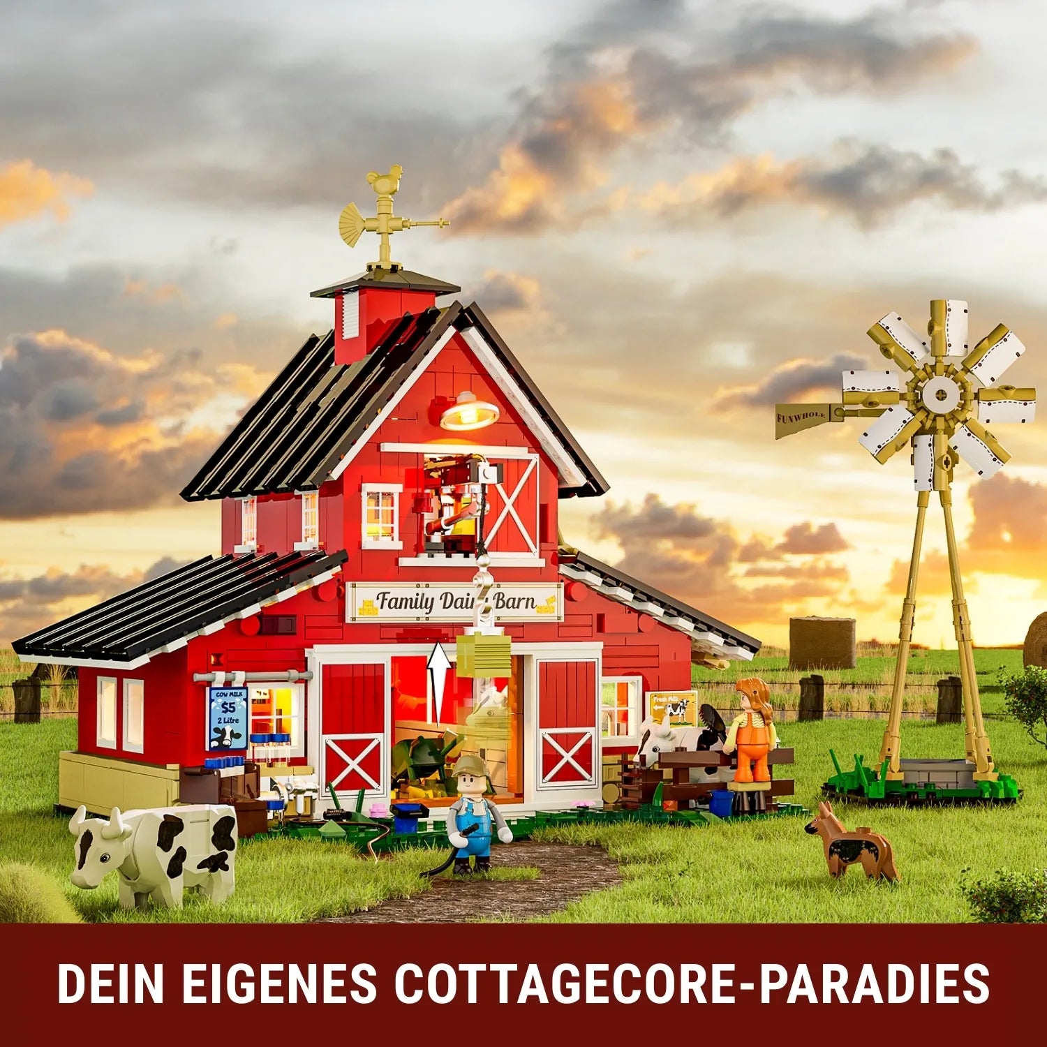Idyllisches Funwhole Cow Barn Farm Klemmbaustein-Set in ländlicher Cottagecore-Kulisse bei Sonnenuntergang.