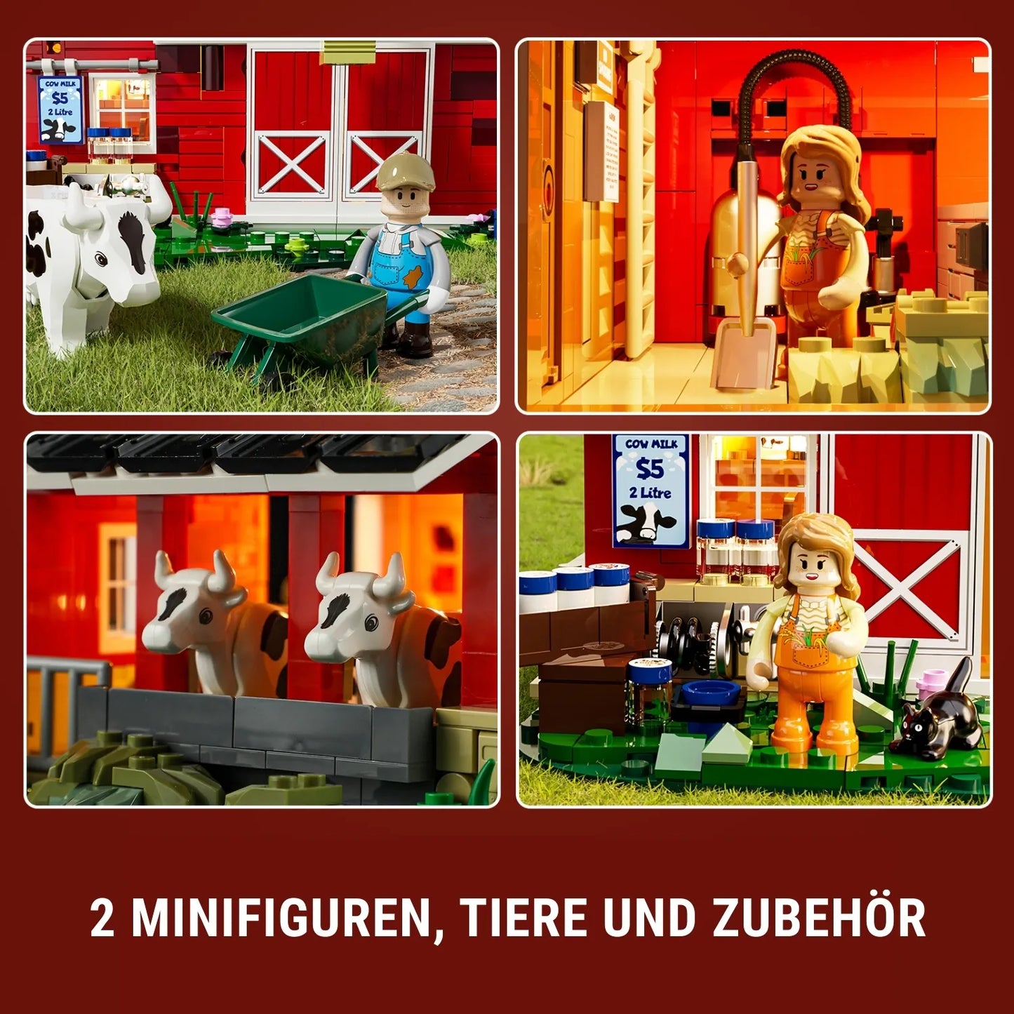 Detailansicht der Minifiguren und Tiere des Farm Klemmbaustein-Sets: Melken, Füttern und Stallarbeit.