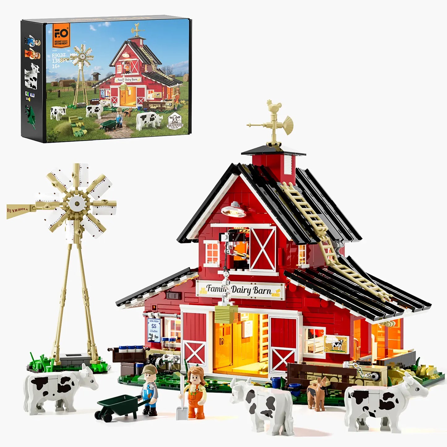 Funwhole Cow Barn Farm Klemmbaustein-Set F9037 mit roter Scheune, Windrad, Kühen und Minifiguren.