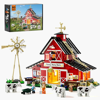 Funwhole Cow Barn Farm Klemmbaustein-Set F9037 mit roter Scheune, Windrad, Kühen und Minifiguren.