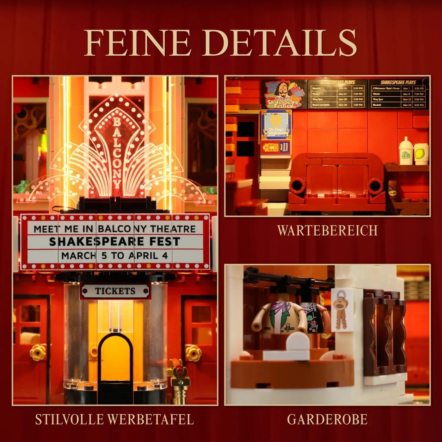 Funwhole F9056 Theater Balkon Klemmbausteine Set – feine Details im Innenbereich mit Garderobe und Wartebereich