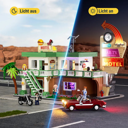 Funwhole F9054 Twilight Motel Klemmbausteine Set – Vergleichsansicht mit ausgeschalteter und eingeschalteter Beleuchtung