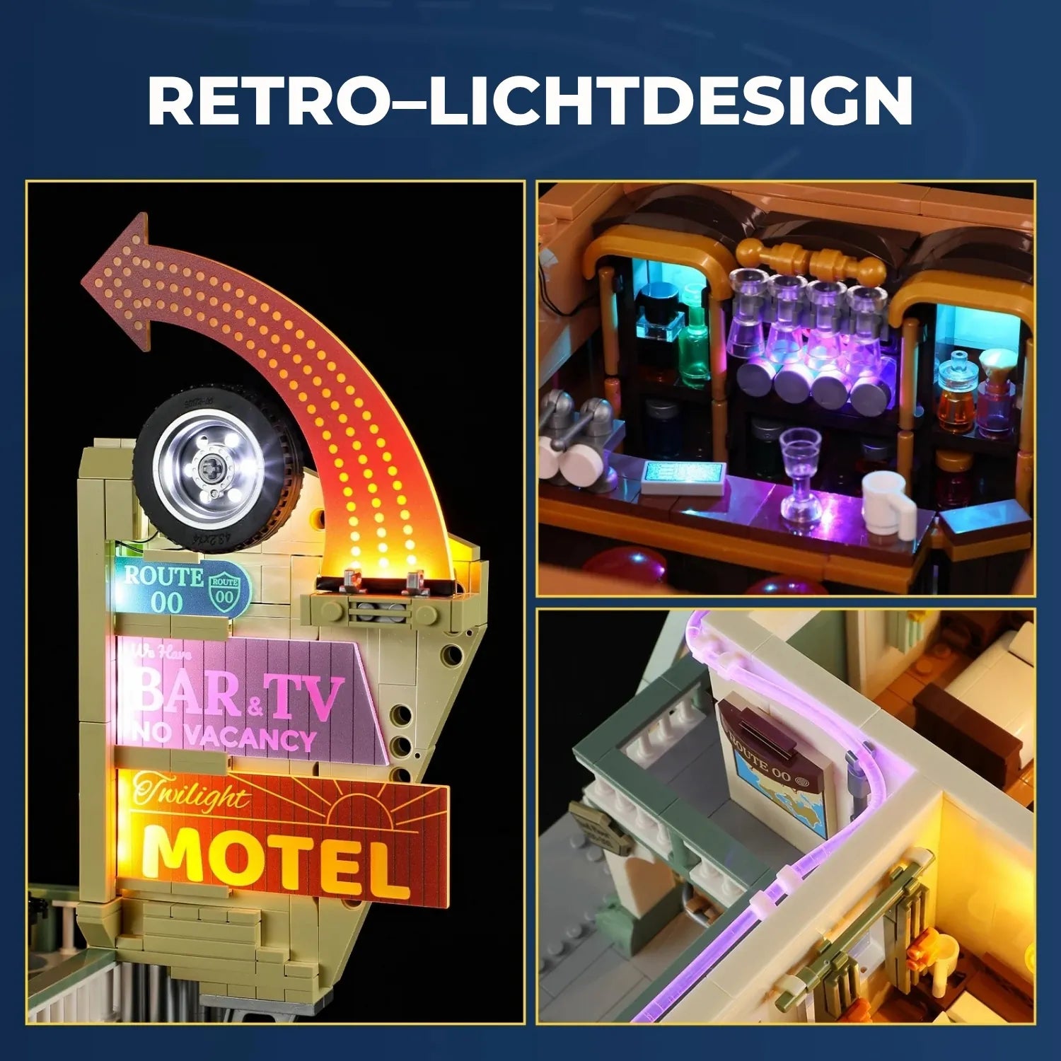 Funwhole F9054 Twilight Motel Klemmbausteine Set – Retro-Lichtdesign mit beleuchtetem Motelschild, Bar und Innenbereich