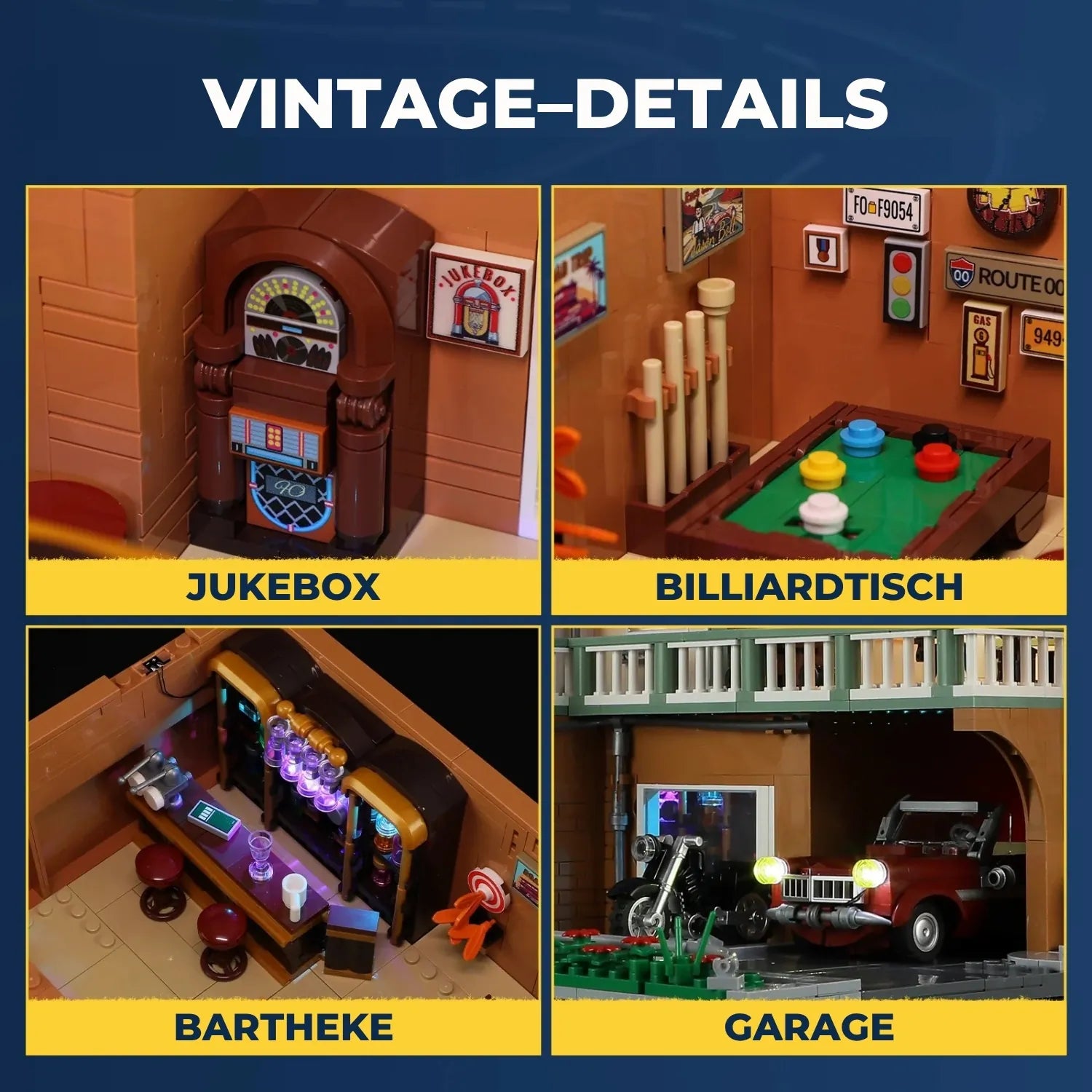 Funwhole F9054 Twilight Motel Klemmbausteine Set – Vintage-Details mit Jukebox, Billardtisch, Bartheke und Garage