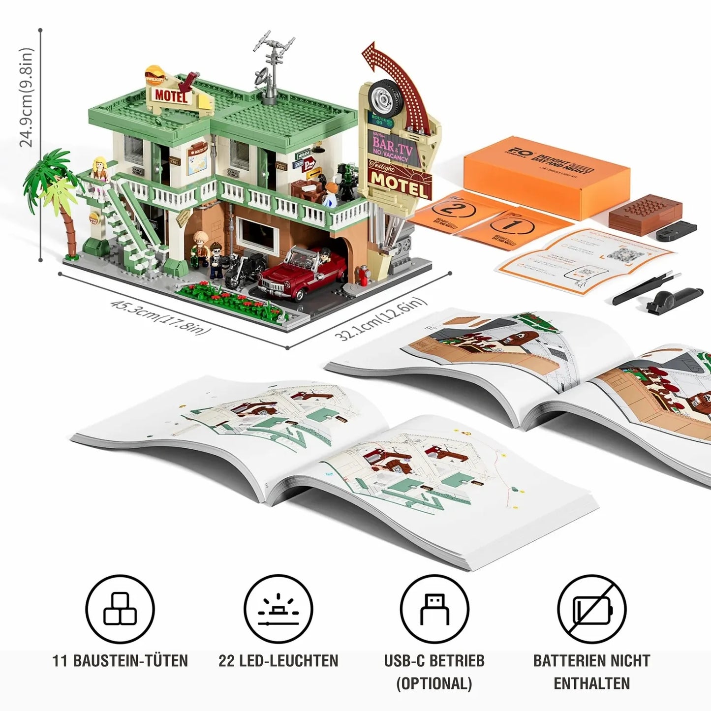 Funwhole F9054 Twilight Motel Klemmbausteine Set – Maße, Bauanleitungen, LED-Beleuchtung und Zubehör im Überblick