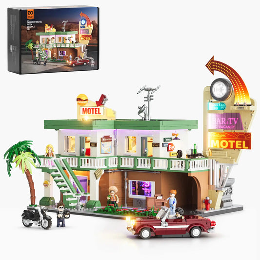 unwhole F9054 Twilight Motel Klemmbausteine Set – Retro-Gebäude mit LED-Beleuchtung