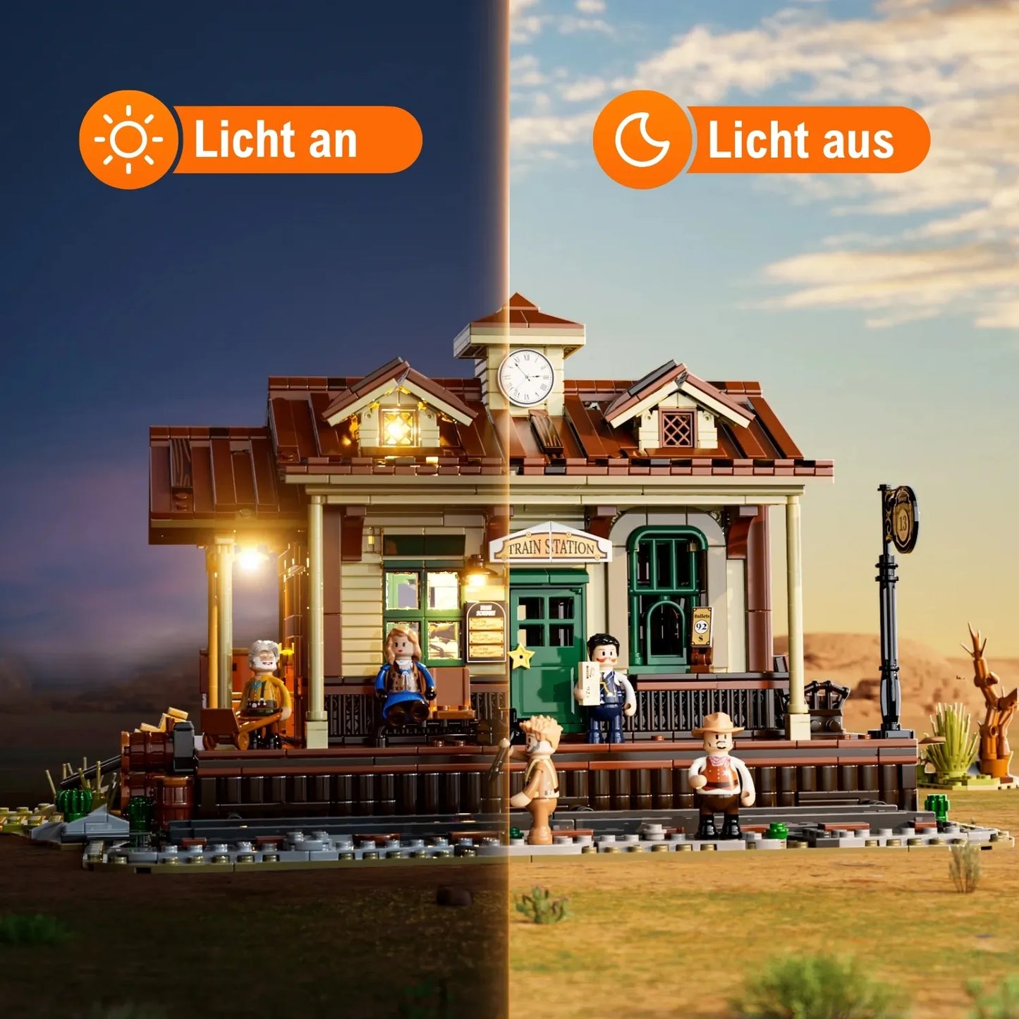 Funwhole Western Bahnhof Klemmbaustein-Set mit integrierter LED-Beleuchtung im Tag-Nacht-Vergleich.