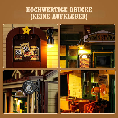 Detailansicht bedruckter Teile des Western Bahnhof Klemmbaustein-Sets ohne Aufkleber, inklusive Wanted-Poster.