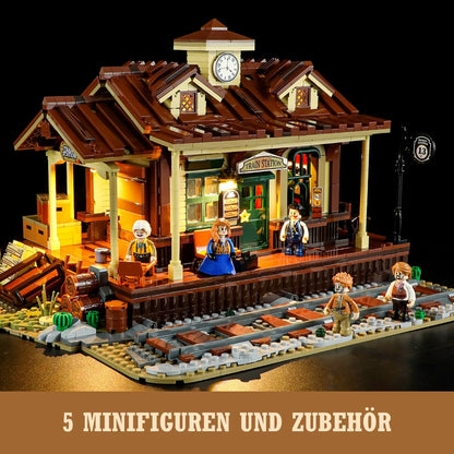 Funwhole Western Bahnhof Klemmbaustein-Set F9039 mit LED-Beleuchtung, Gleisen und 5 Minifiguren.