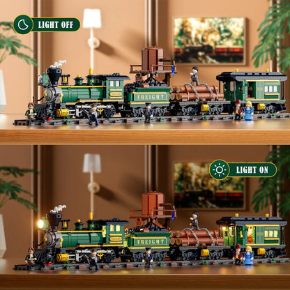 Funwhole Western Freight Train Klemmbaustein-Set Beleuchtungs-Vergleich mit aktiven LED-Lichtern.