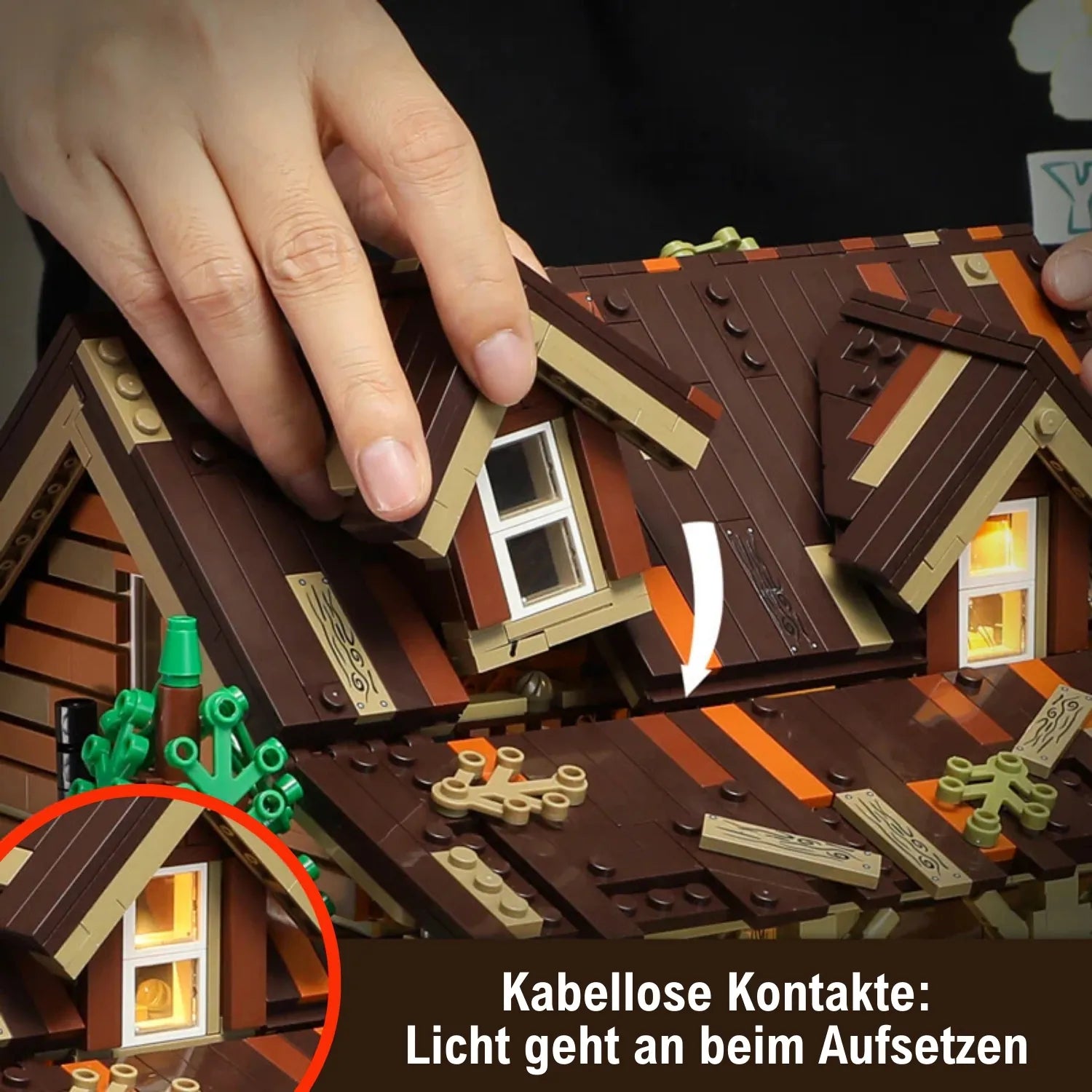 Funwhole Wood Cabin Klemmbaustein-Set: Kabellose Stromkontakte aktivieren die LED-Beleuchtung automatisch beim Aufsetzen des Dachs.