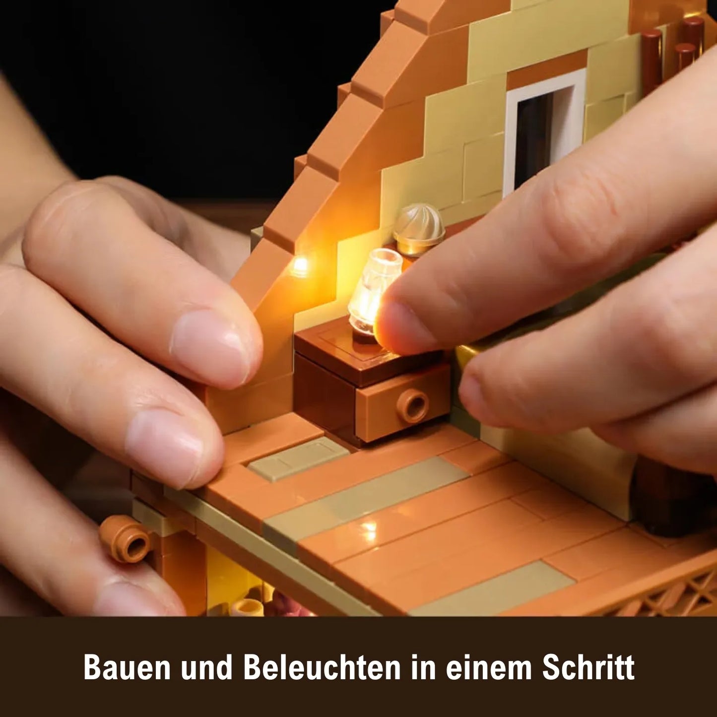 Montage der Beleuchtung im Funwhole Klemmbaustein-Set: Integration von LEDs in Möbel direkt während des Bauprozesses.