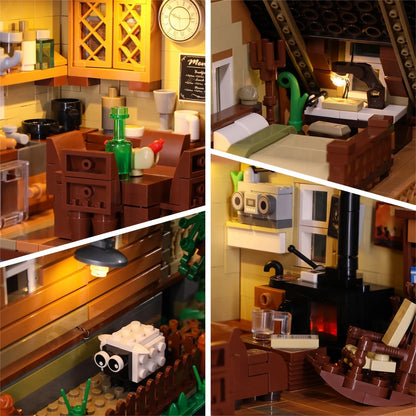 Interieur-Details Funwhole Wood Cabin Klemmbausteine: Küche, Schlafzimmer und Kamin mit realistischer LED-Beleuchtung.